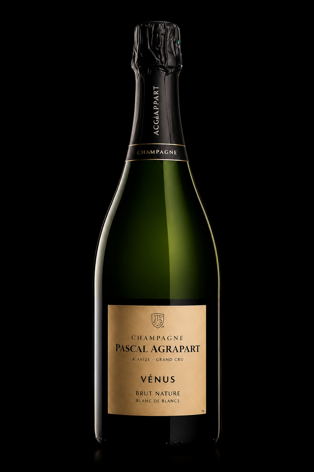 Une bouteille de champagne Pascal Agrapart Vénus, brut nature, de la maison Agrapart, avec une étiquette beige et un bouchon noir portant le nom 'Agrapart' sur fond noir.