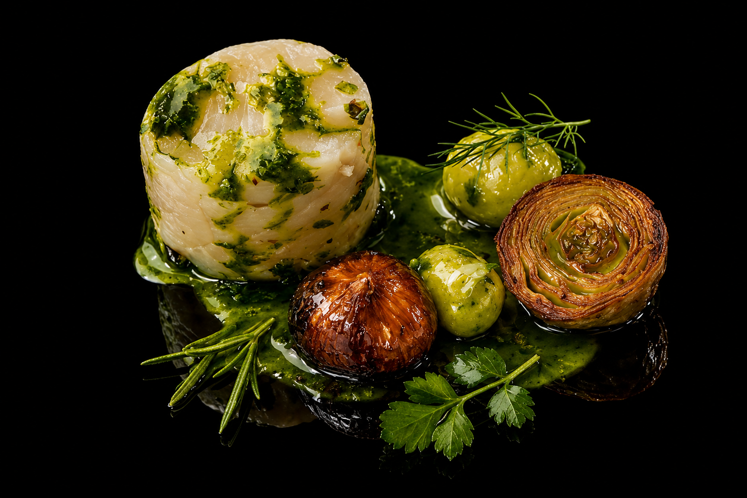 Pommes de terre, oignons, petits pois et herbes aromatiques cuits dans une sauce verte sur une surface noire.