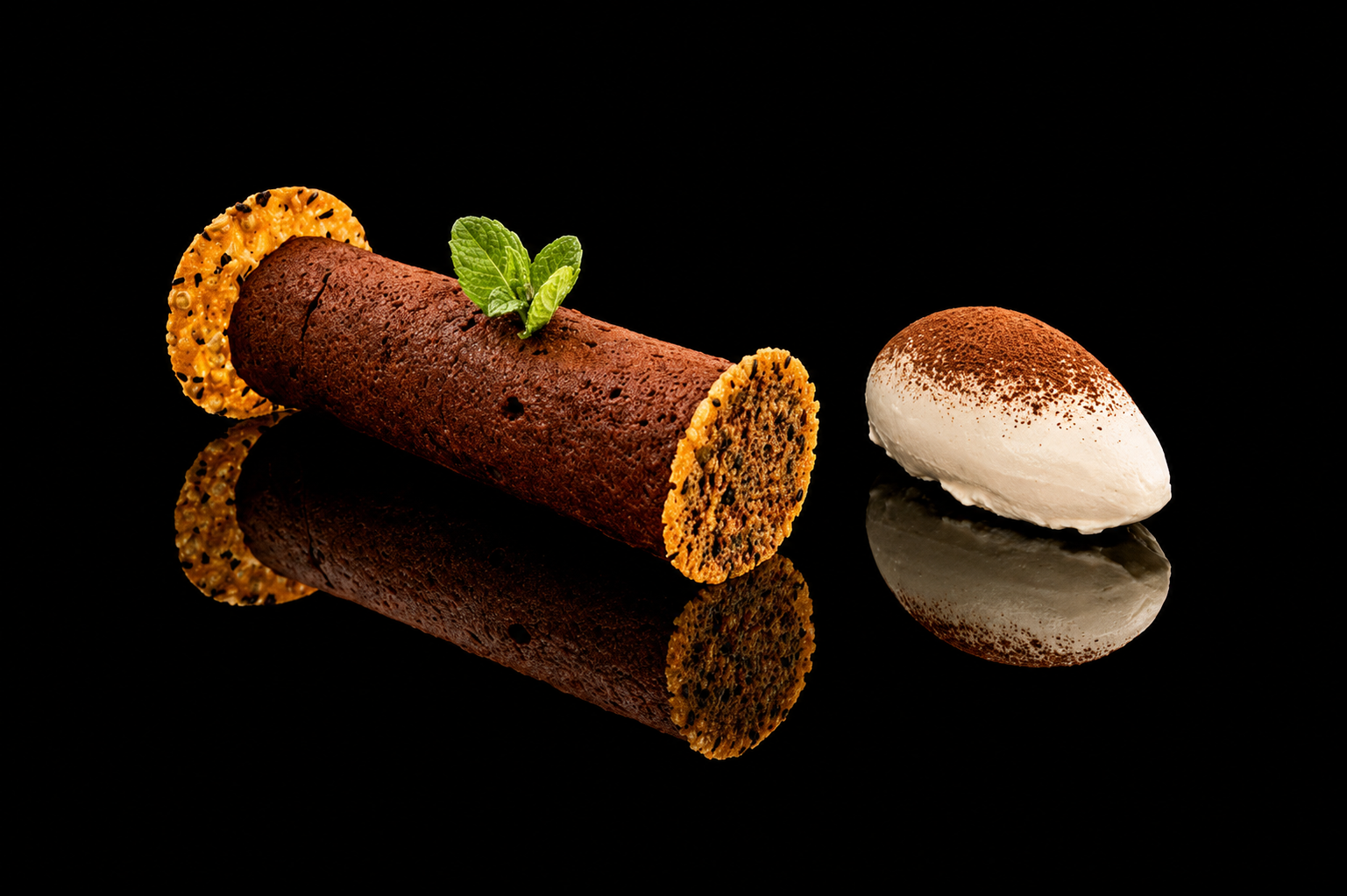 Un dessert composé d'un rouleau de gâteau au chocolat, une crème glacée à la vanille saupoudrée de cacao, tous deux présentés sur une surface noire brillante.