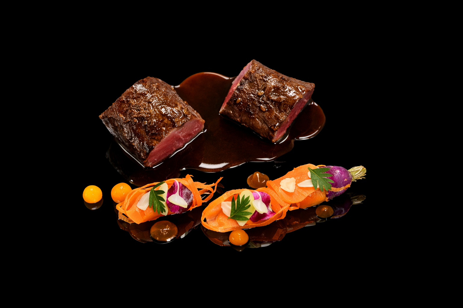 Deux morceaux de steak saignants avec une sauce riches, accompagnés de légumes colorés garnis de fines herbes et de fleurs comestibles sur fond noir.