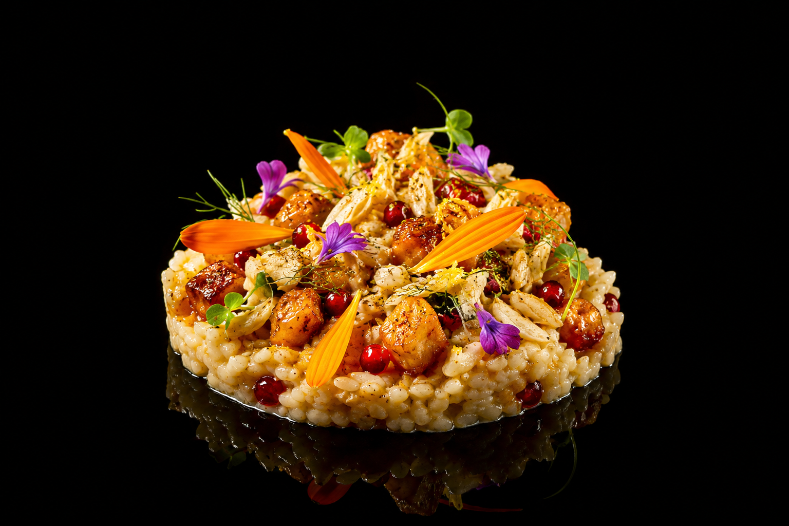 Assiette de risotto garnie de morceaux de poulet, fleurs violettes et oranges, et microgreens, sur fond noir.