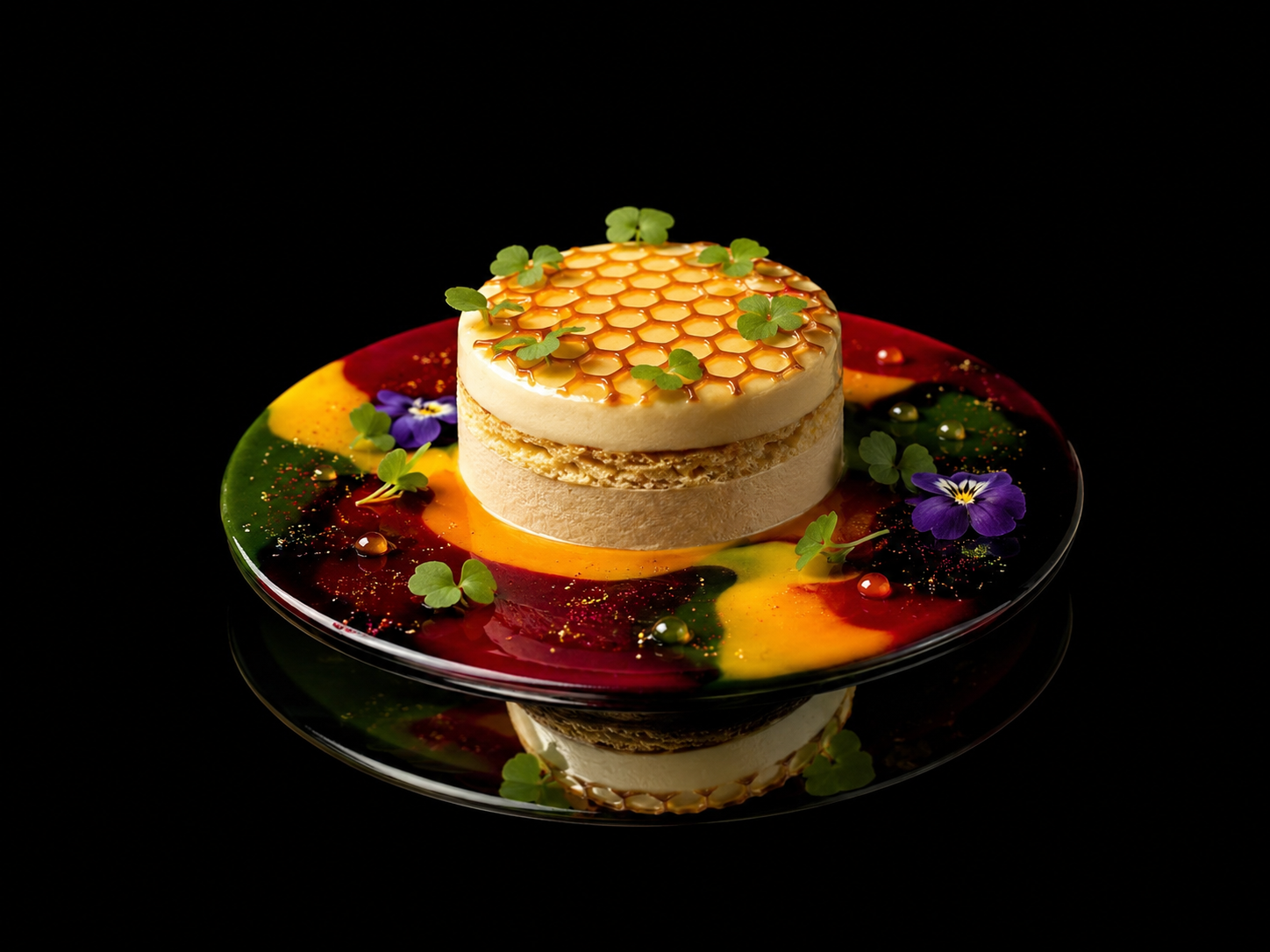 Dessert élégant avec un disque de glace ou sorbet, décoré de miel ou sirop et de petites feuilles vertes, posé sur une assiette colorée avec des fleurs violettes et des gouttes de sirop, le tout sur un fond noir.