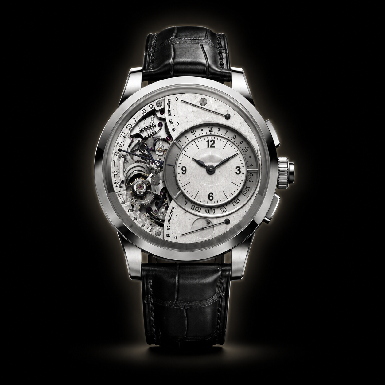 Montre de luxe avec mécanisme visible et fond noir, bracelet en cuir noir