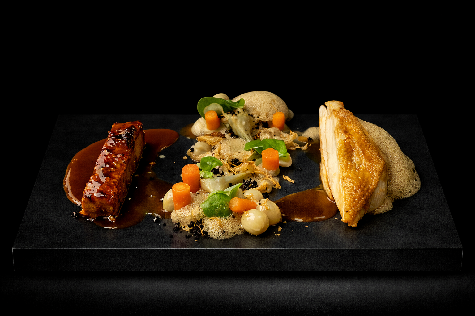 Assiette gastronomique avec sauce, viande, poisson, légumes et mousse.