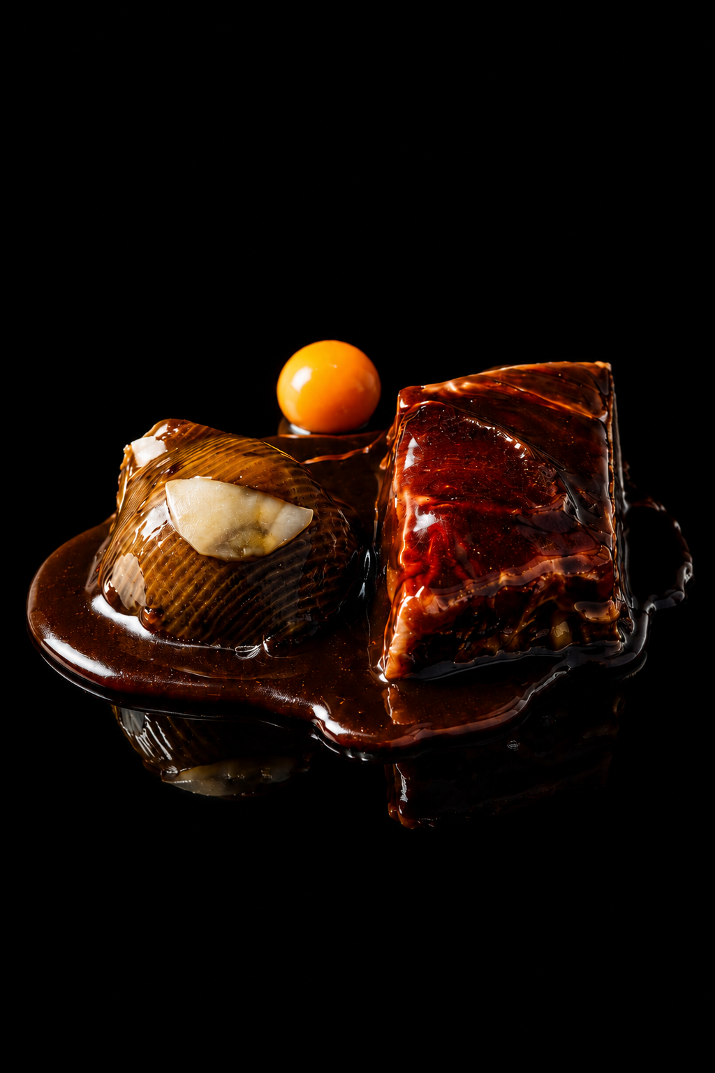 Marée haute de fruits de mer, comprenant un coquillage, une boule jaune et une pièce de viande dans une sauce foncée sur fond noir.