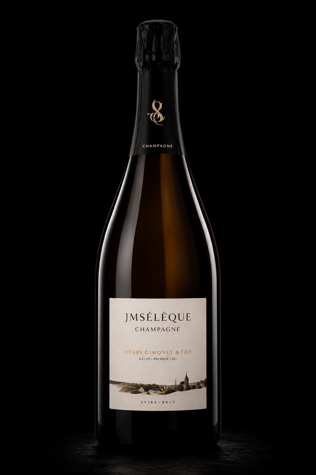 Une bouteille de champagne Jmsélèque avec une étiquette illustrant un paysage rural, sur fond noir.