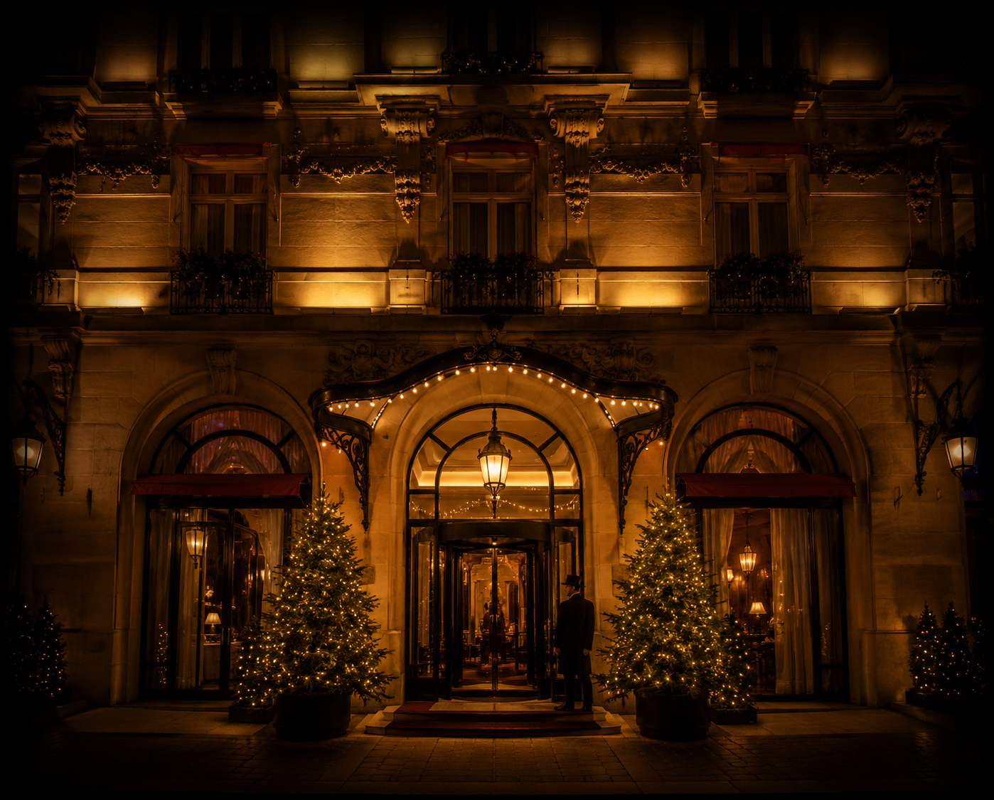 Façade d'un hôtel ou d'un bâtiment élégant décoré pour Noël avec des sapins illuminés et des lumières de fête, nuit