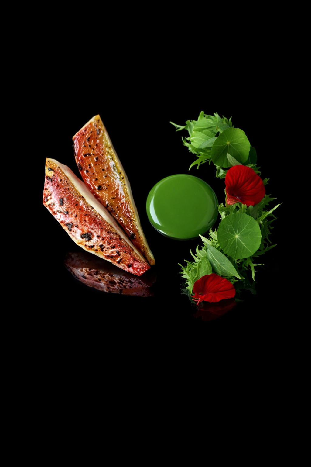 Deux tranches de fruit juteux, une boule verte brillante, des feuilles vertes et des fleurs rouges sur un fond noir.