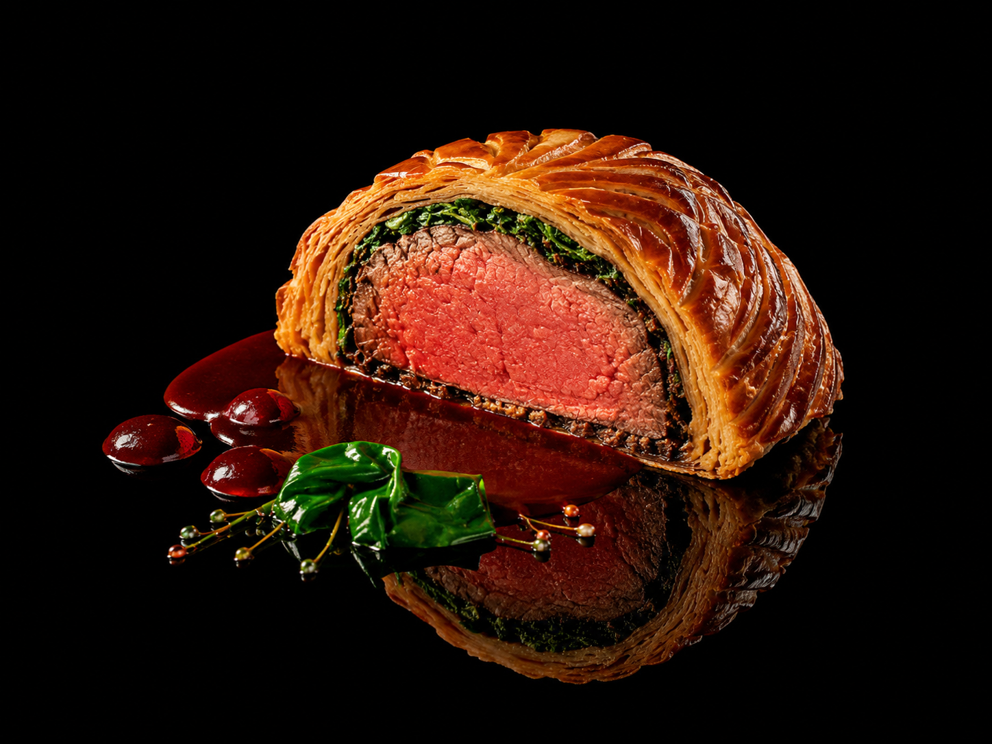 Rôti de bœuf en croûte avec sauce, décoratif avec des feuilles vertes, des baies et des perles de décoration