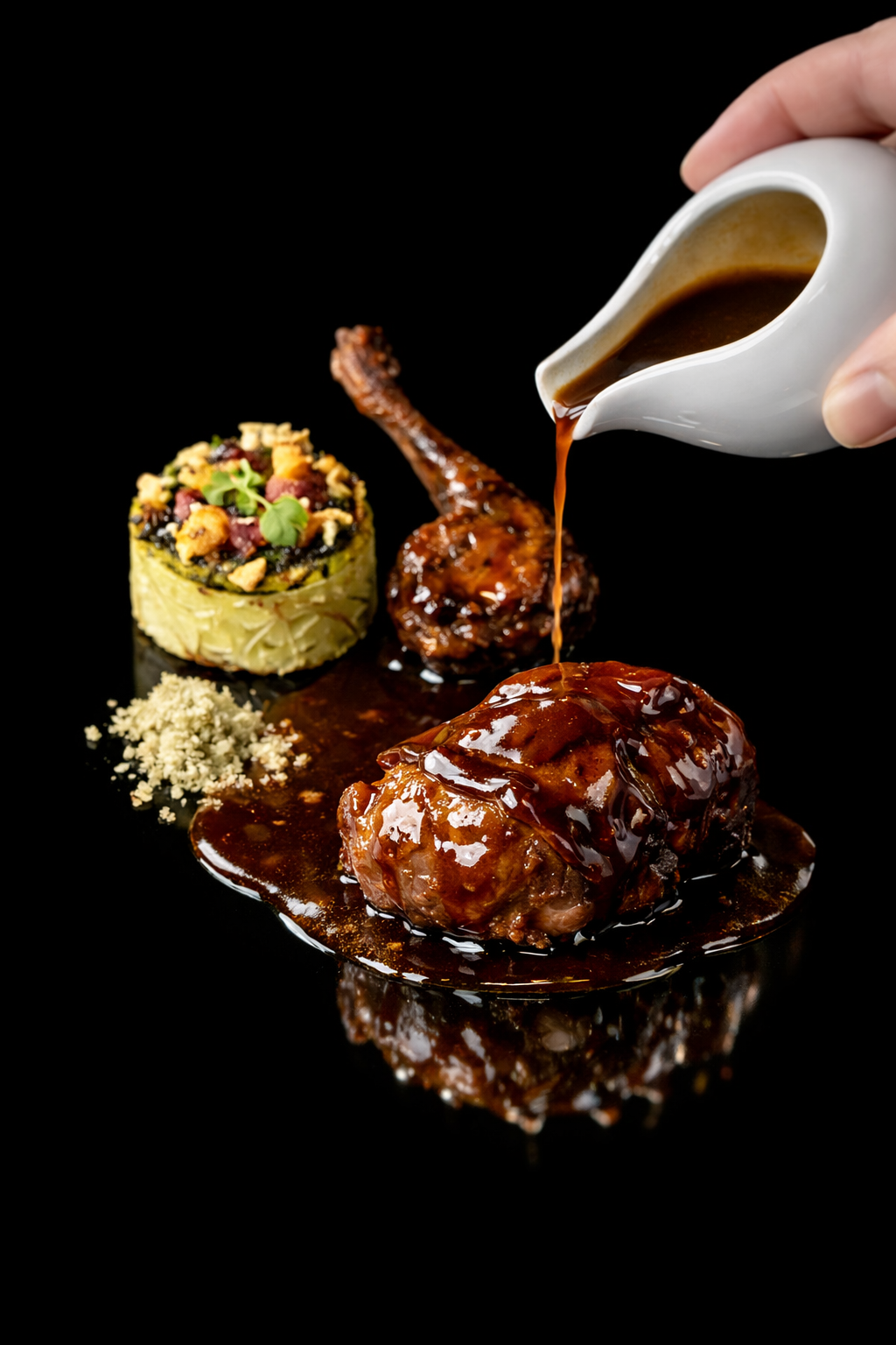 Assiette de viande en sauce avec accompagnements, garnie de sauce gravy, dans un cadre noir.