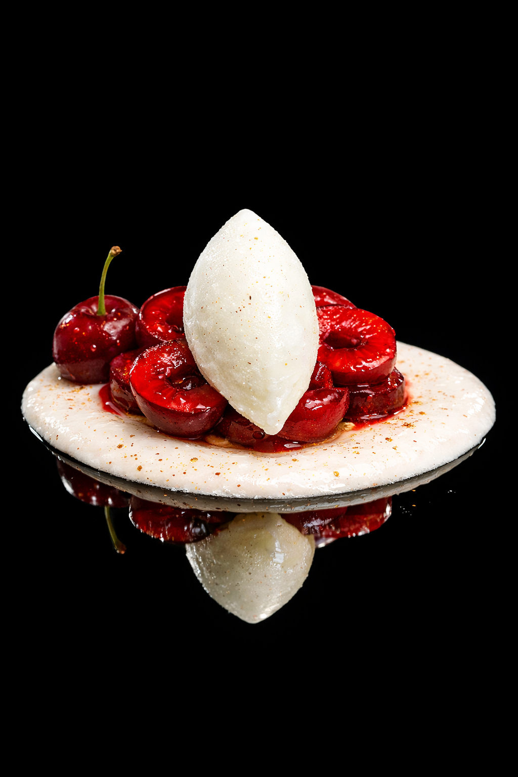 Une tartelette aux cerises garnie d'une boule de glace à la vanille, avec un fond noir.