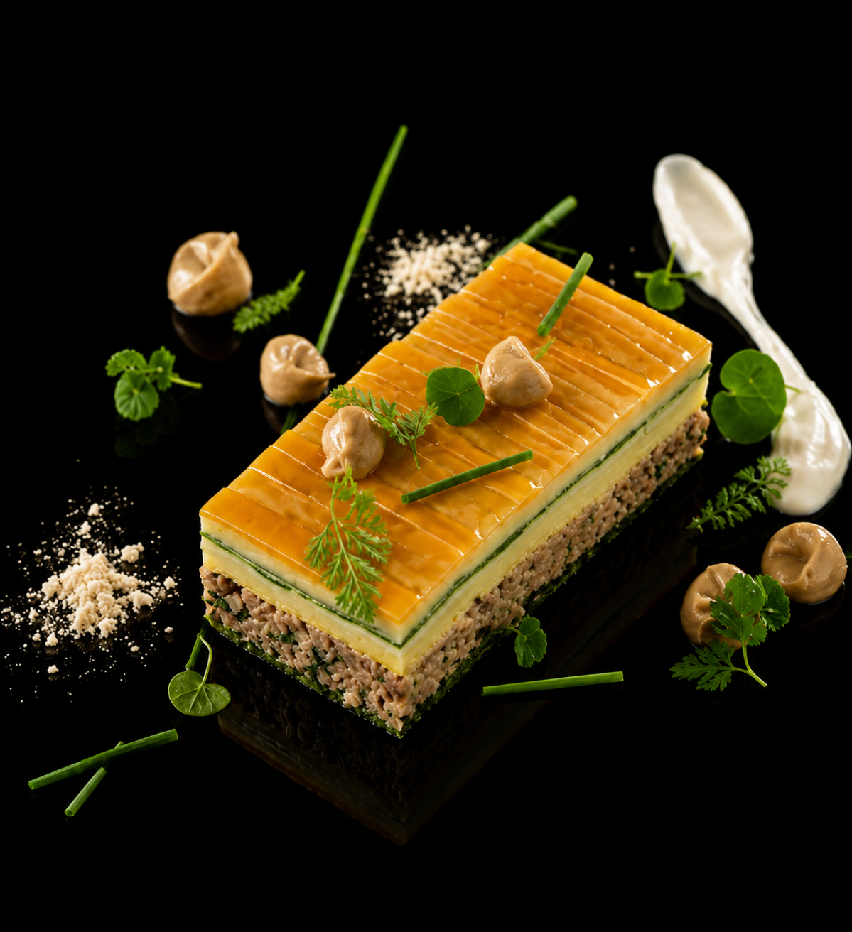 Gâteau en couches avec décoration de petits pois, herbes et champignons en pâte d'amande, présenté sur un fond noir