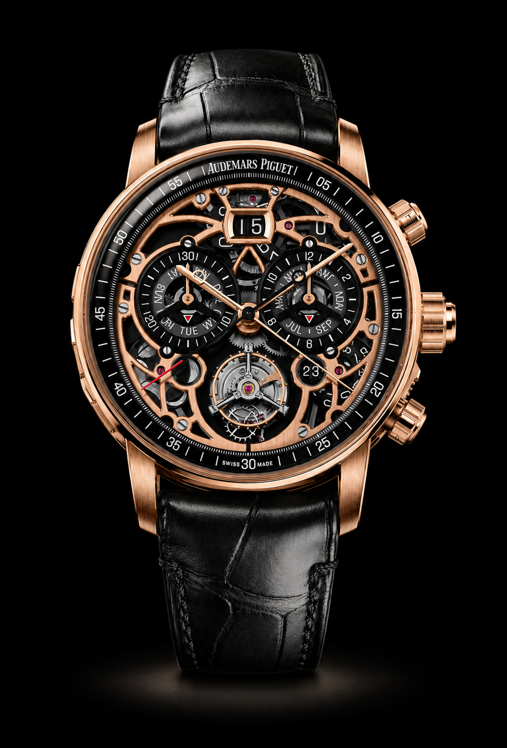 Montre de luxe avec un cadran squelette en or rose, bracelet en cuir noir, affichage multi-fonctions avec chronographe, calendrier, et tourbillon visible, sur fond noir.