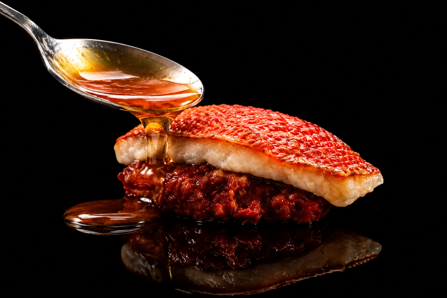 Filet de poisson blanc avec une sauce brune sur un fond noir.
