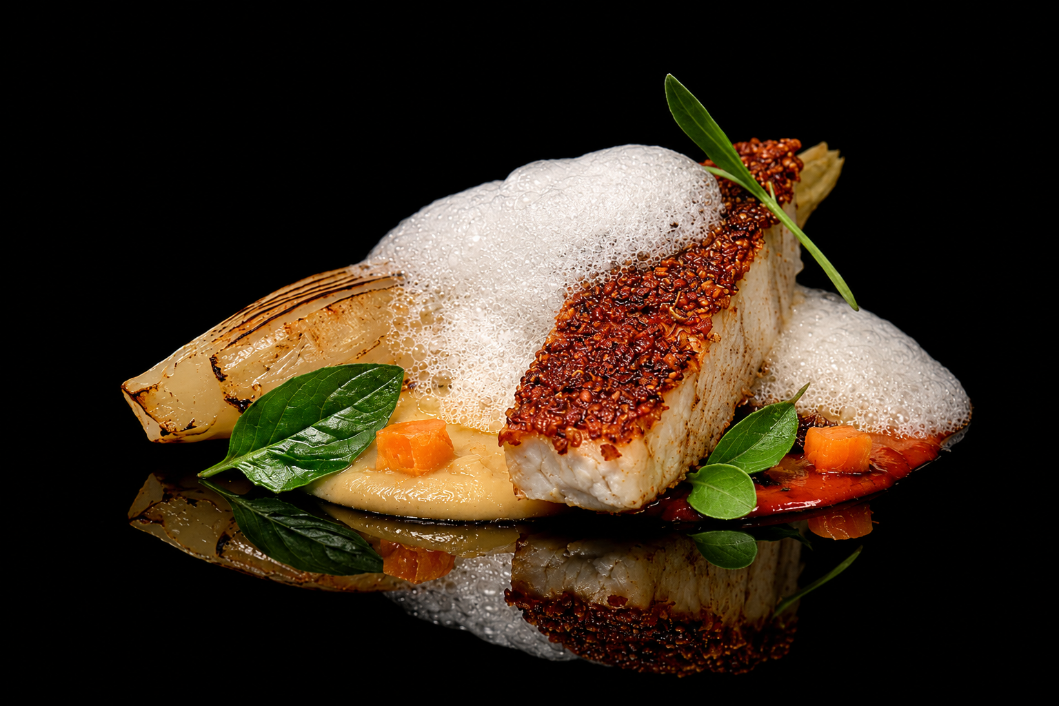 Poisson cuit avec croûte de graines de moutarde, accompagné de légumes, servi avec mousse et garnitures décoratives sur une surface noire.