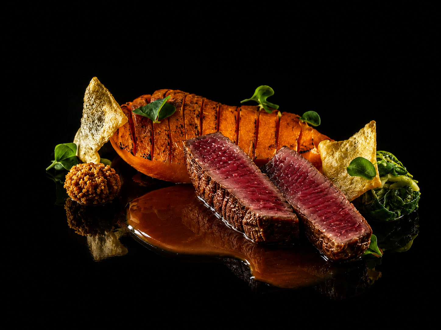 Filet de bœuf mi-cuit avec une sauce, accompagné de purée de patate douce, de légumes verts, et décoré de feuilles de microgreens sur un fond noir.