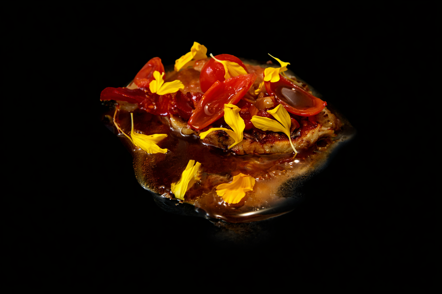 Une assiette avec une portion de viande garnie de tomates cerises, de sauce, et décorée de fleurs comestibles jaunes, sur fond noir.