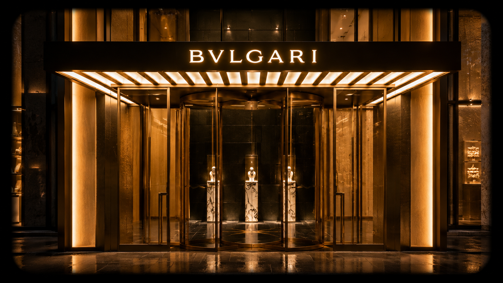 Entrée élégante de boutique de luxe Bvlgari avec vitrine en verre et lampes chaleureuses, affichant des bijoux sur des pieds en marbre.