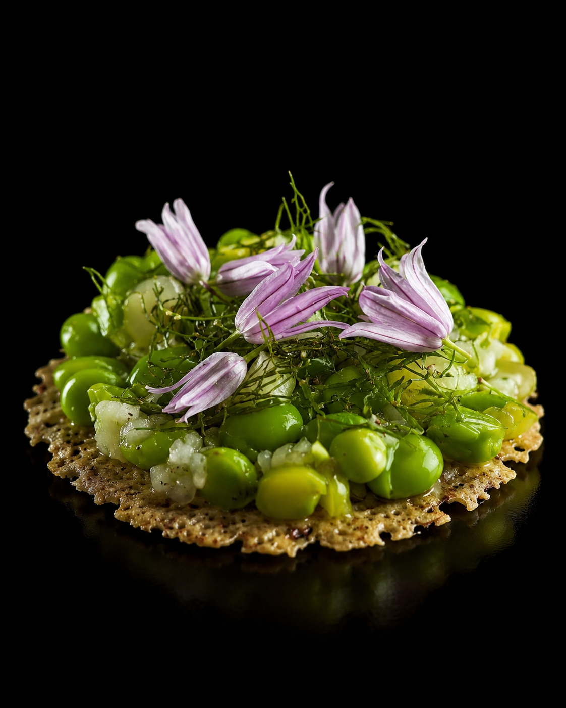 Une assiette de gastronomie végétale avec des pois, de la gelée et des fleurs violettes sur une assiette fine, sur un fond noir.