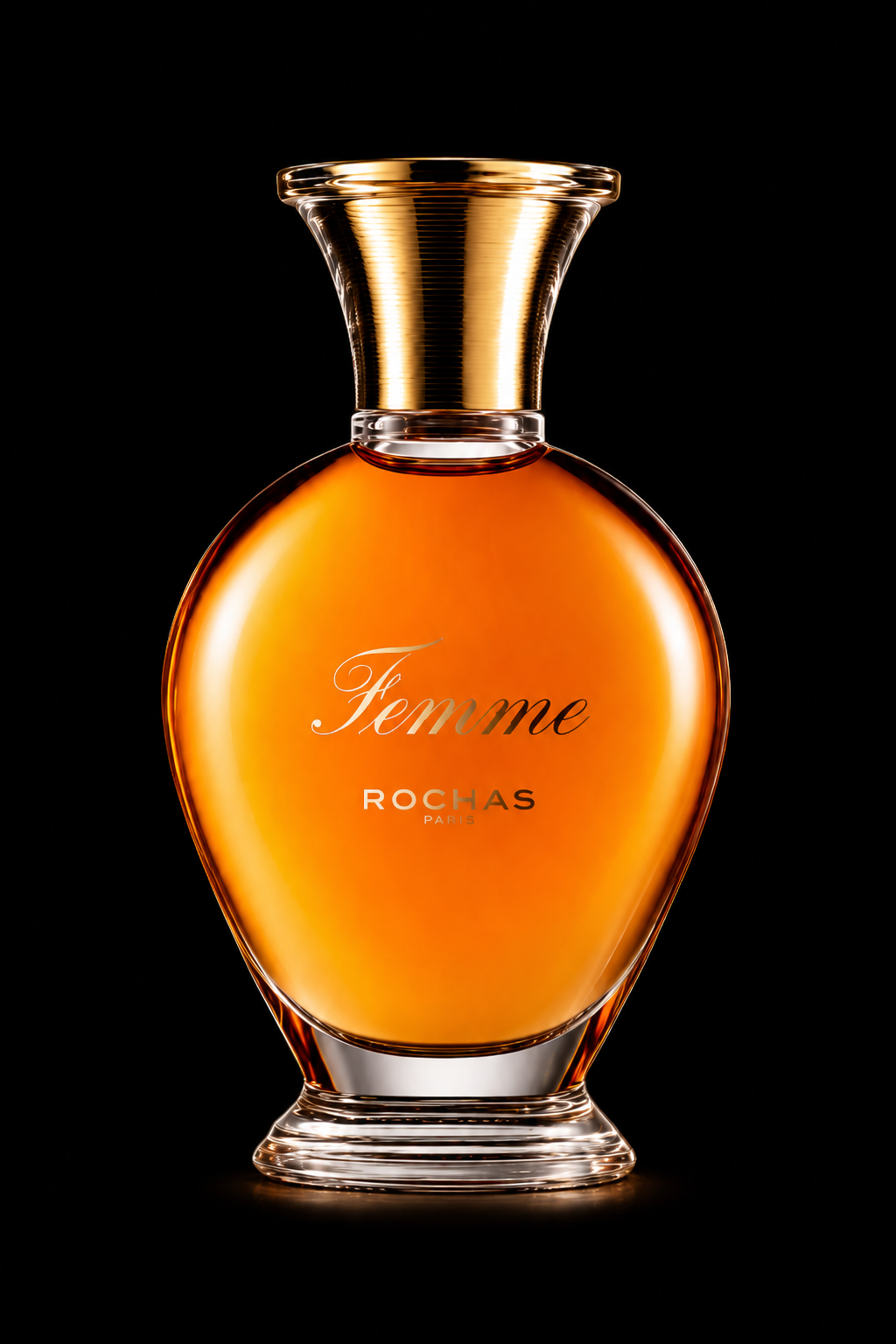 Une bouteille de parfum orange avec un bouchon doré et à la signature "Femme" de Rochas, sur fond noir.
