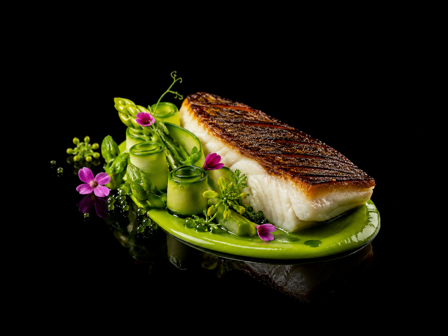 Filet de poisson avec une peau dorée et croustillante, servi avec une purée verte décorée de fleurs et de garnitures vertes, présenté sur une assiette noire