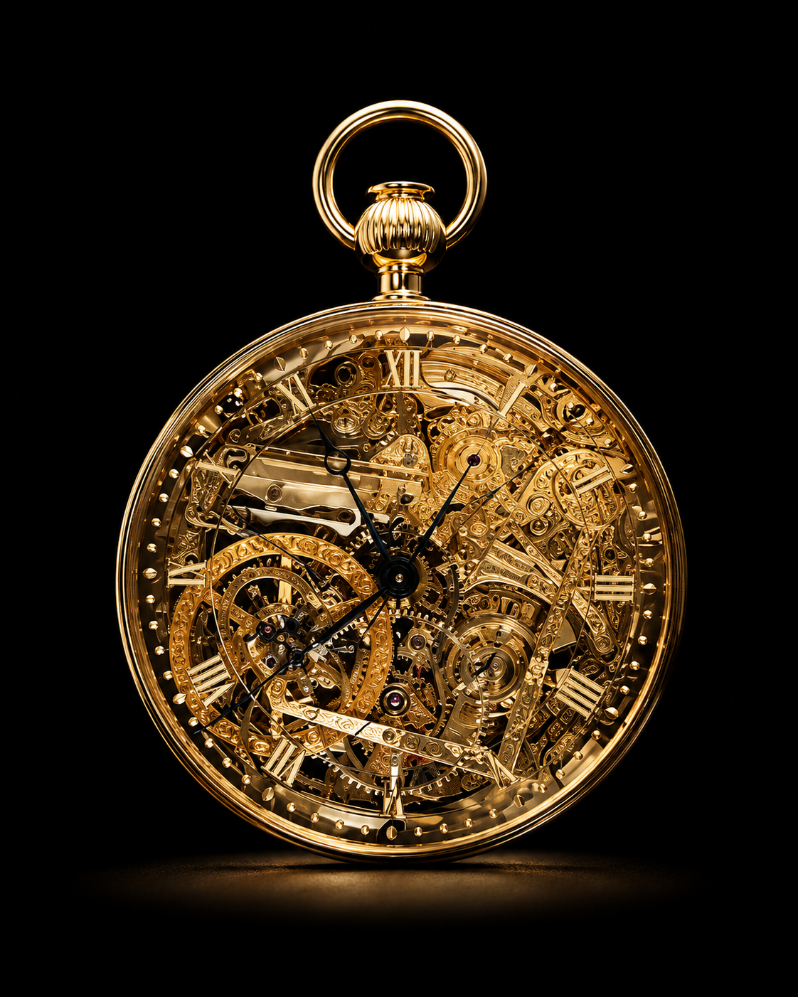 Montre à gousset en or avec un mécanisme visible complexe, sur fond noir.