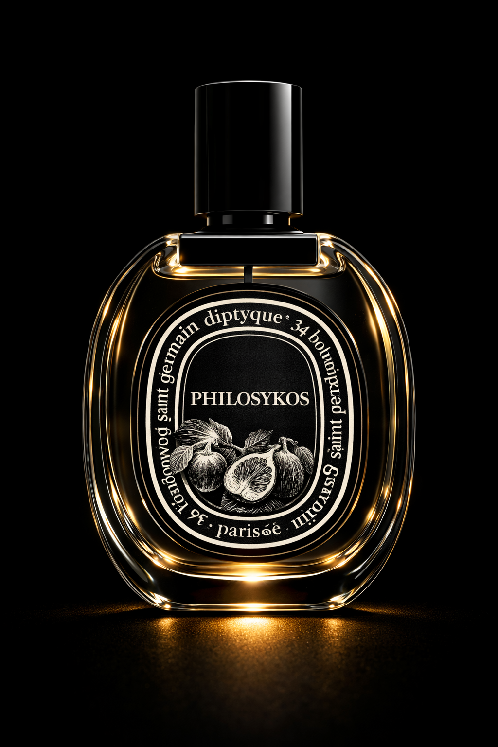 Flacon de parfum noir etoré avec un étiquette illustrée de figues et de feuilles, portant le nom 'PHILYSKOS'.