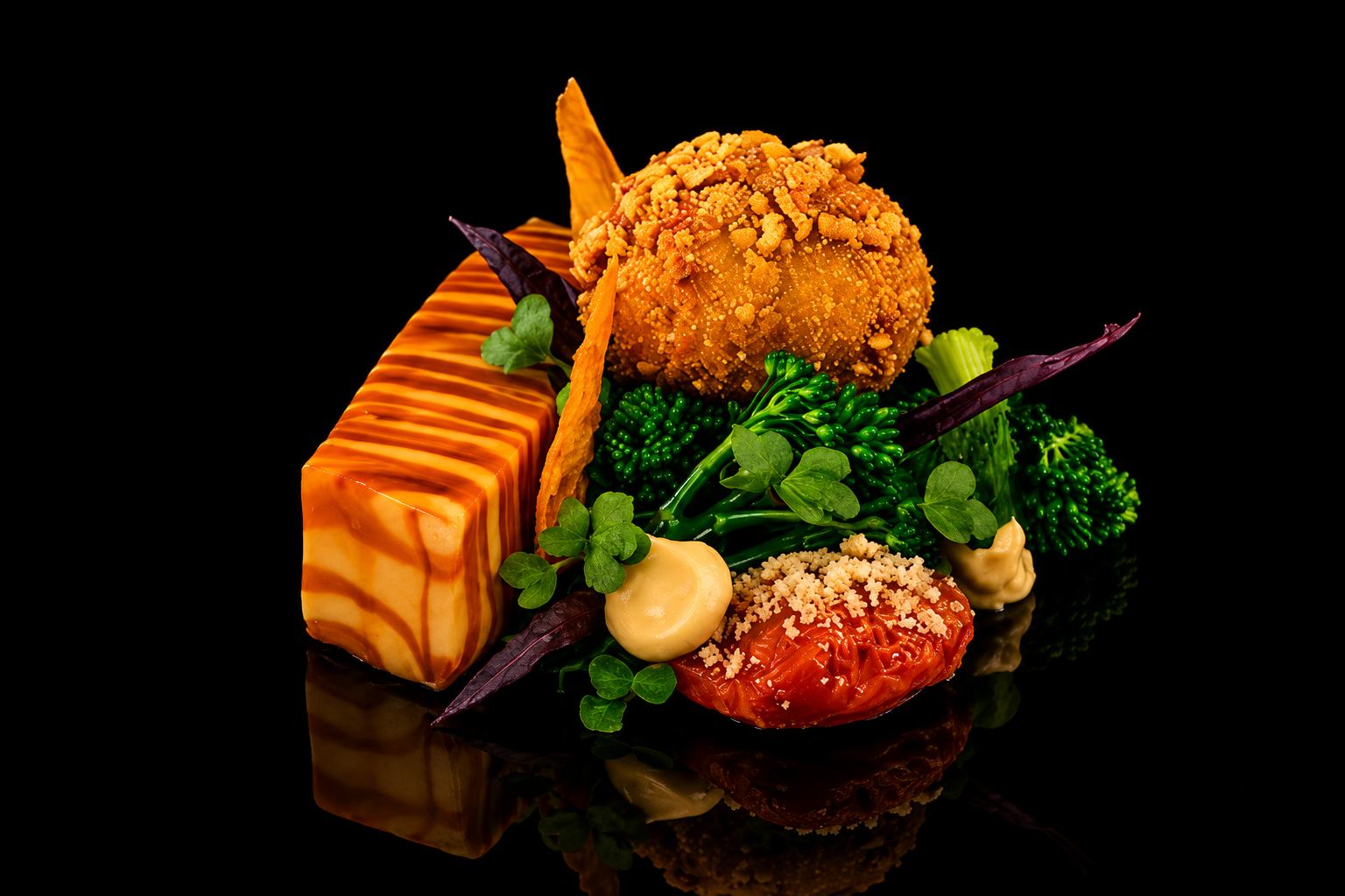 Assortiment de plats gastronomiques avec un falafel, un pâté, des légumes verts, des tomates séchées, et des microgreens, sur un fond noir.