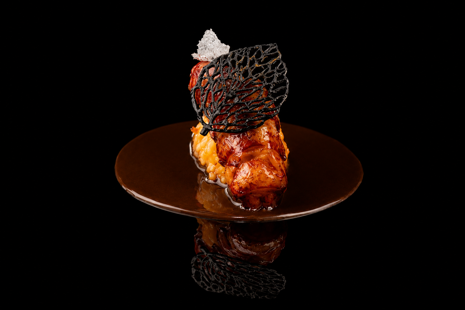 Un plat gastronomique avec une pièce de viande enroulée, décorée d'une fine couche de sauce, avec une garniture noire en forme de feuille en dentelle, sur une assiette en verre sur fond noir.