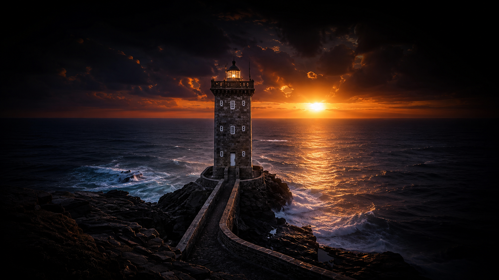 Phare au bord de l'océan au coucher du soleil, avec un ciel orageux et des vagues.