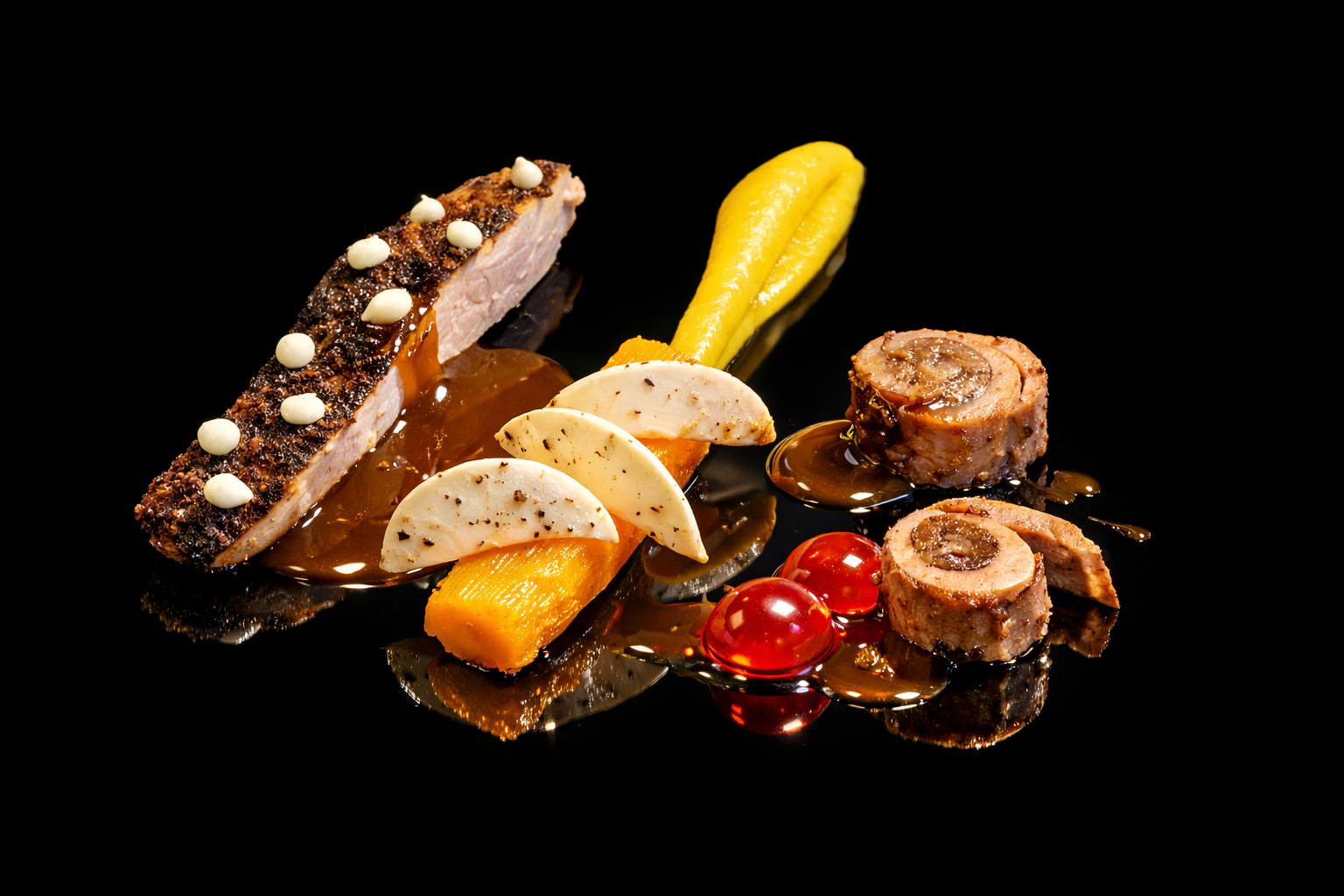Présentation gastronomique comprenant un morceau de viande avec une sauce, des tranches de fromage, des tomates cerises, un accompagnement en purée de légumes et deux morceaux de foie gras avec une sauce.