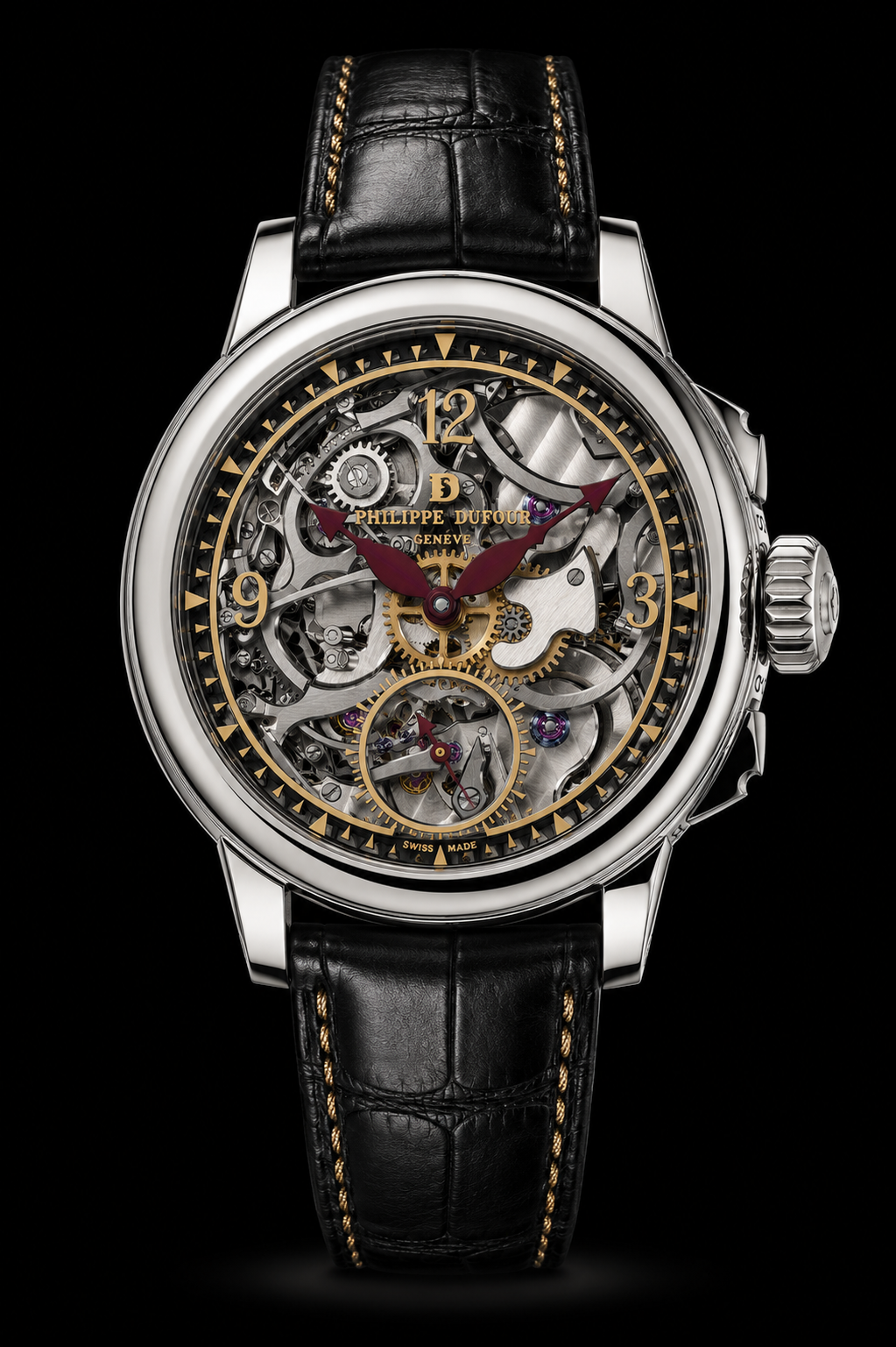 Montre élégante avec cadran squelette montrant les mécanismes internes, boutons sur le côté droit, bracelet en cuir noir avec coutures dorées.