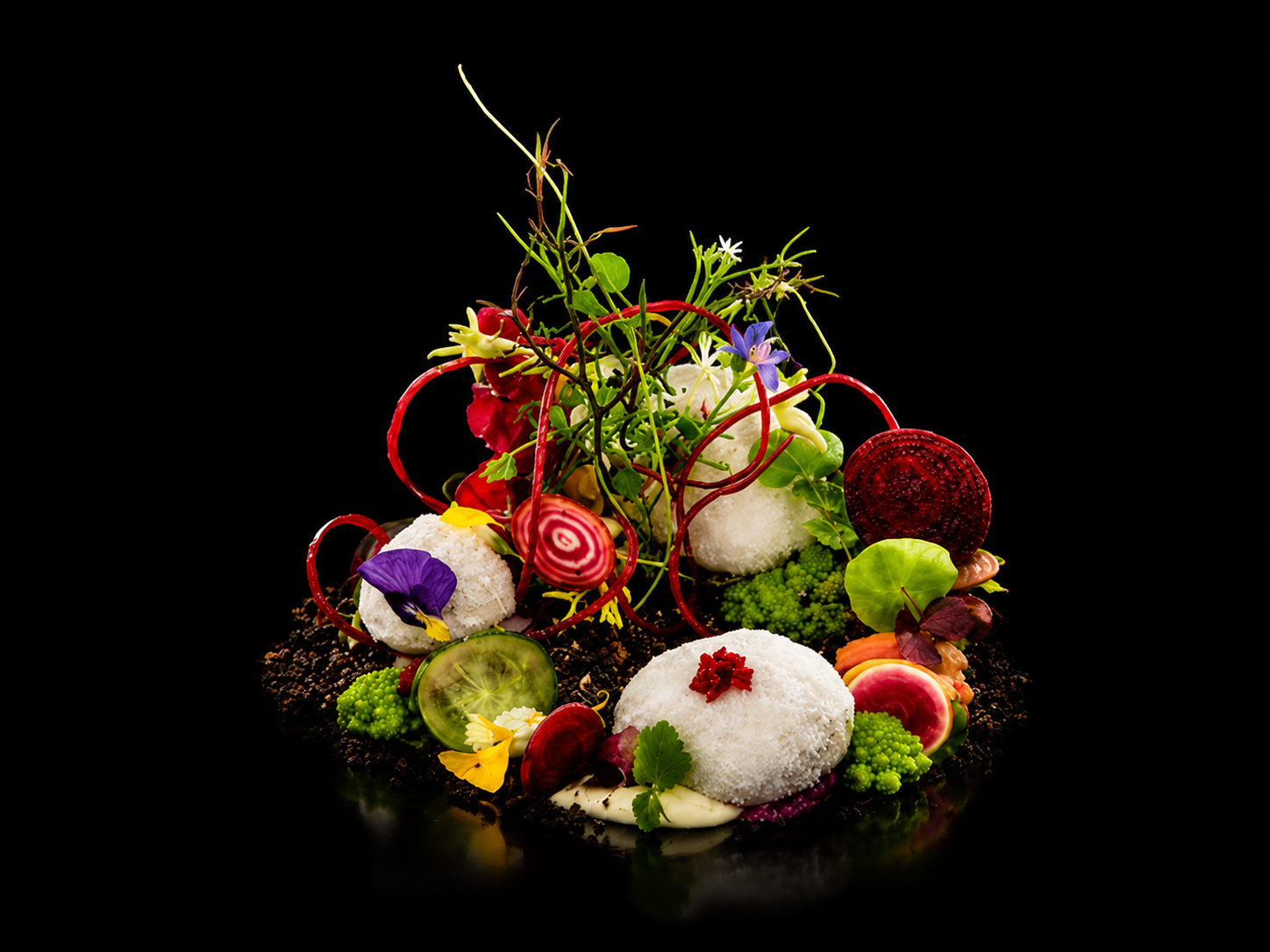 Un plat gastronomique artistique avec des éléments colorés, y compris des légumes, des fleurs et des décorations comestibles, présenté sur un fond noir.
