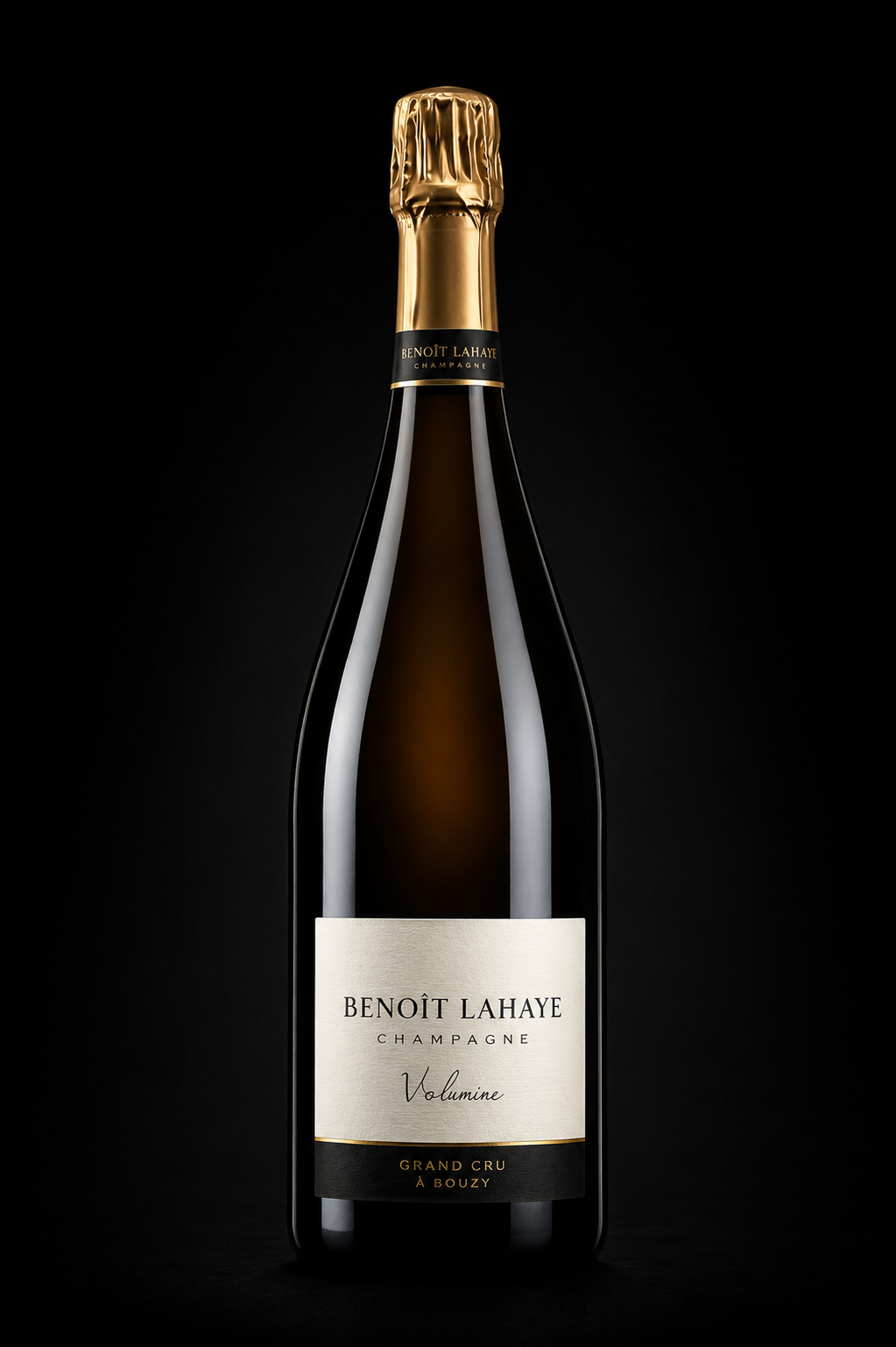 Bouteille de champagne Benoît Lahaye, Grand Cru, au design élégant avec un bouchon doré, sur un fond noir.