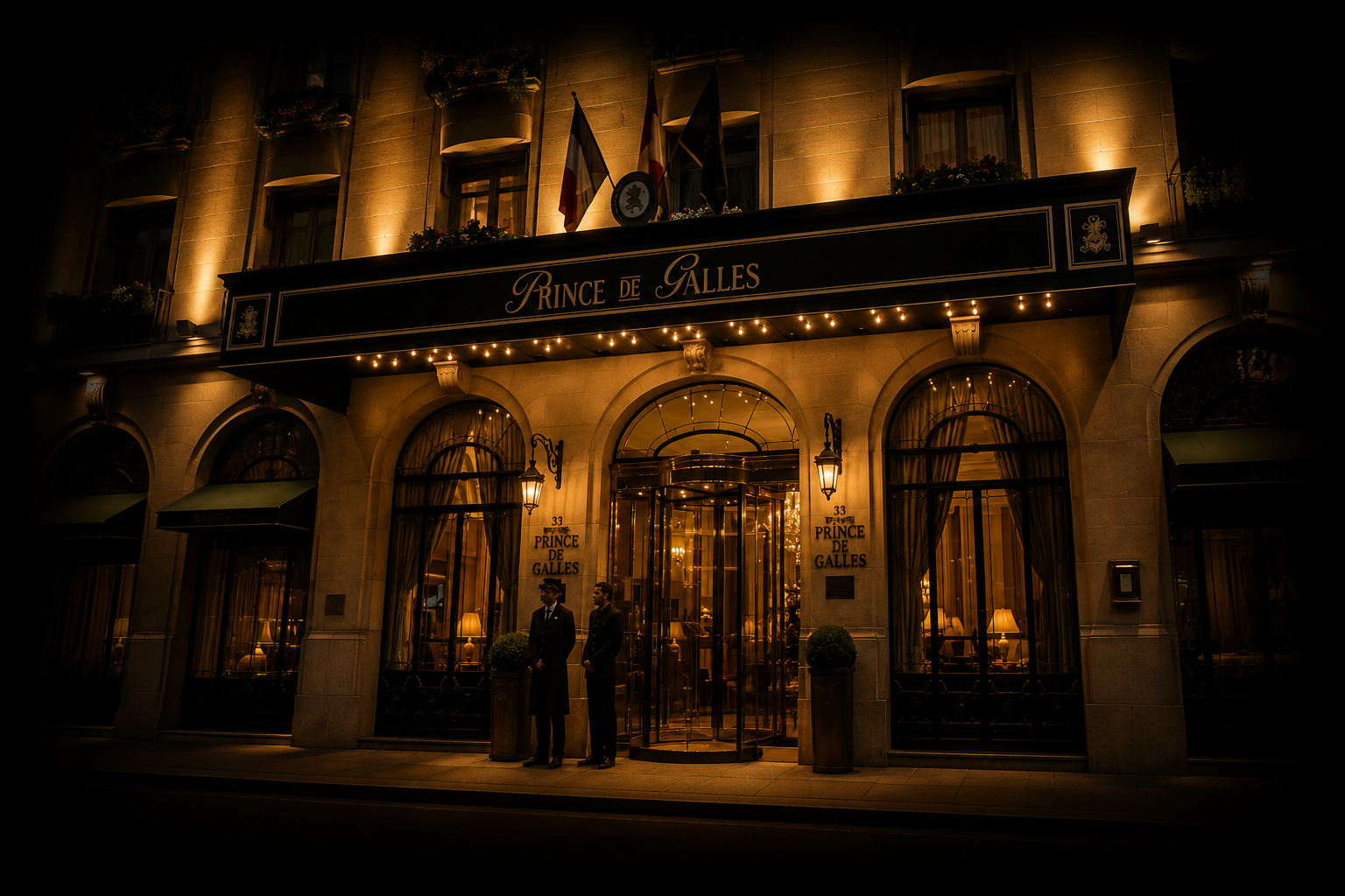 Façade éclairée d'un hôtel de luxe nommé Prince de Galles avec deux hommes en tenue élégante devant l'entrée, drapeaux et lampes decoratives.