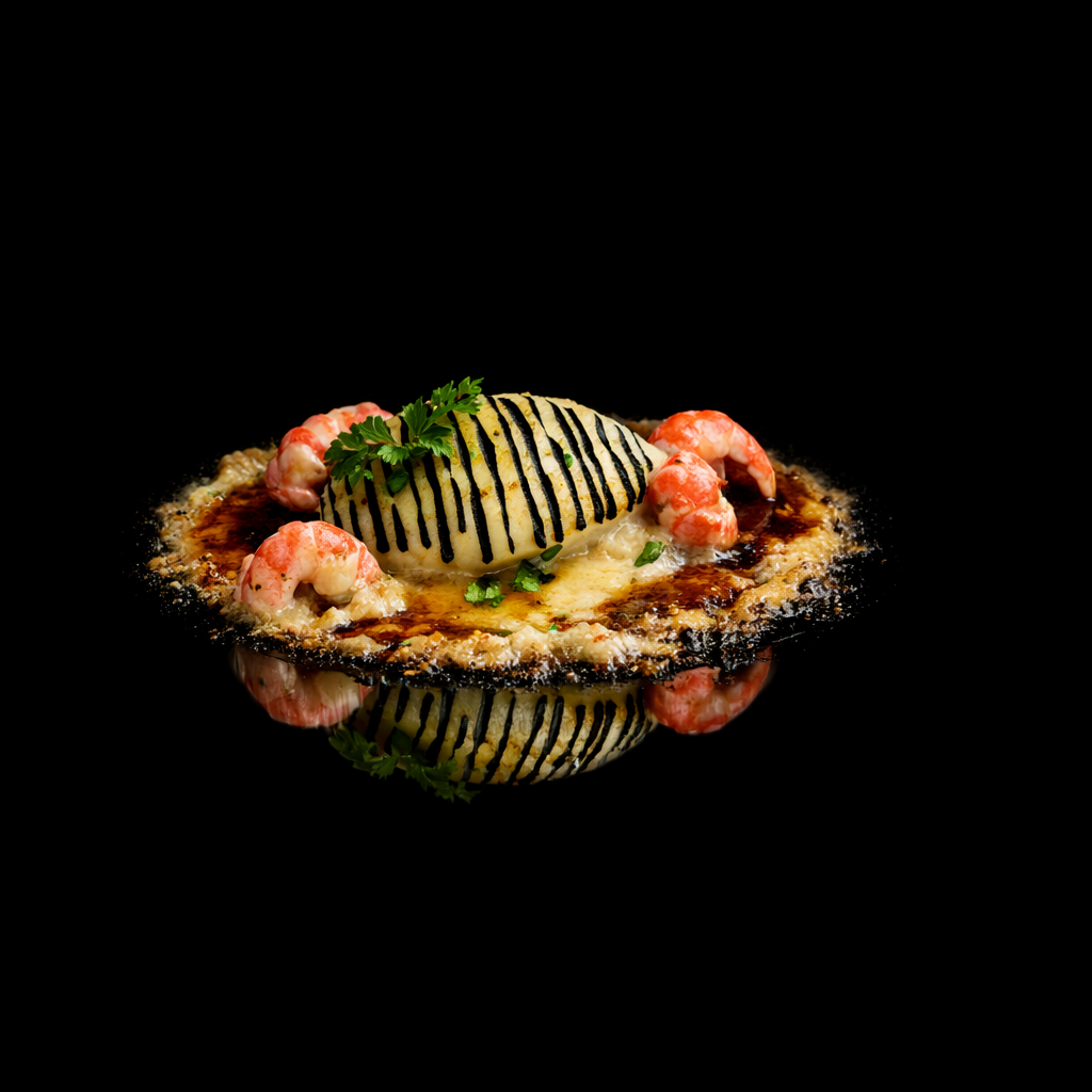 Assiette gastronomique avec une coquille Saint-Jacques, crevettes, herbes et sauce