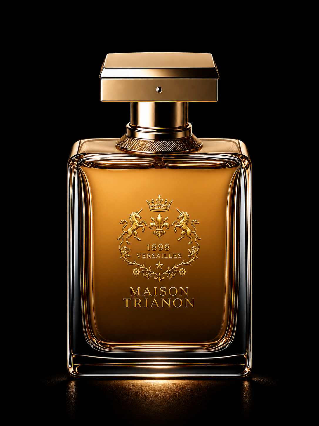 Flacon de parfum doré de la maison Trianon avec ornementation et texte indiquant 1898 Versailles.