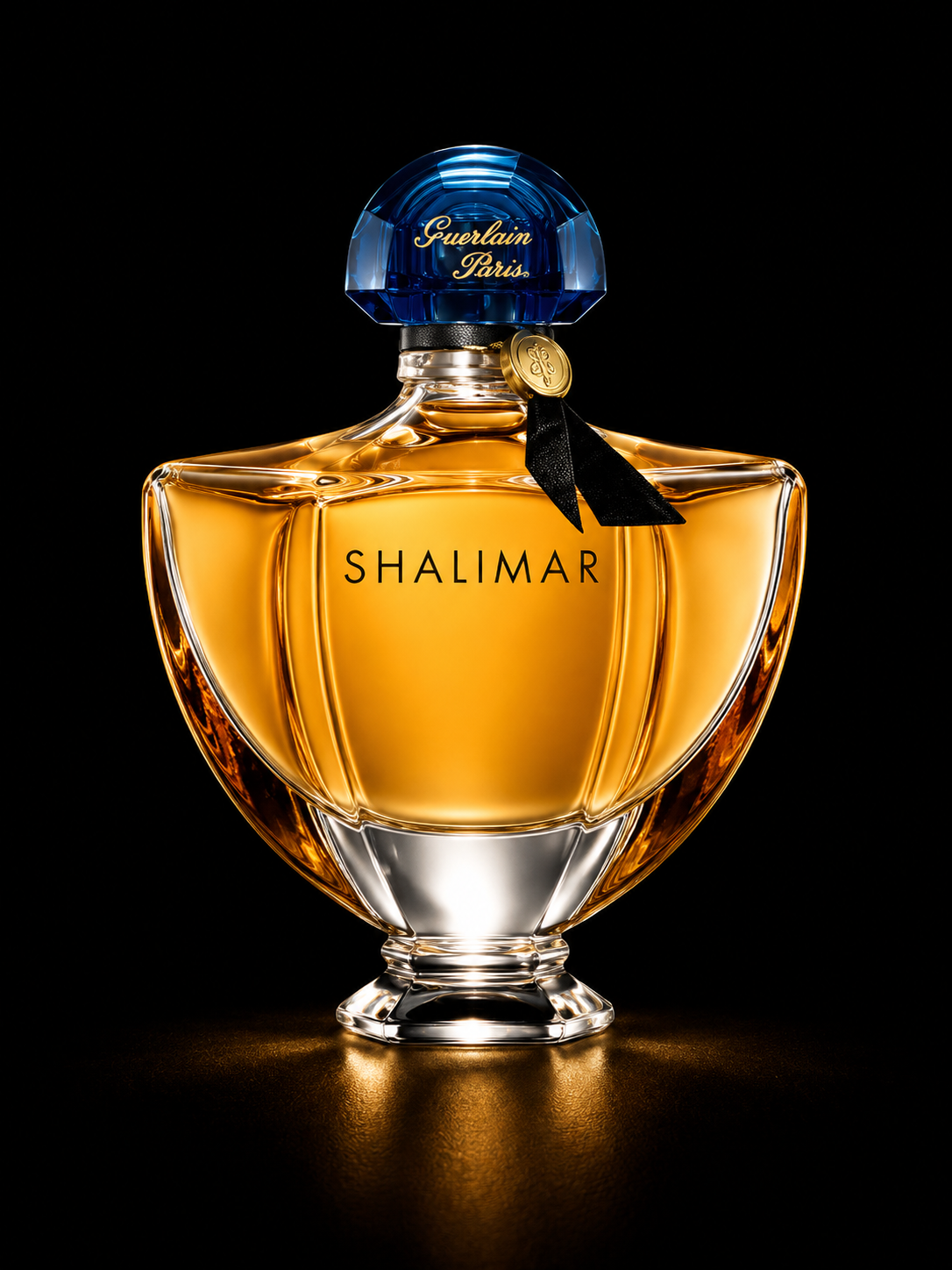 Une bouteille de parfum doré avec un bouchon bleu et un ruban noir, étiquetée 'SHALIMAR'.