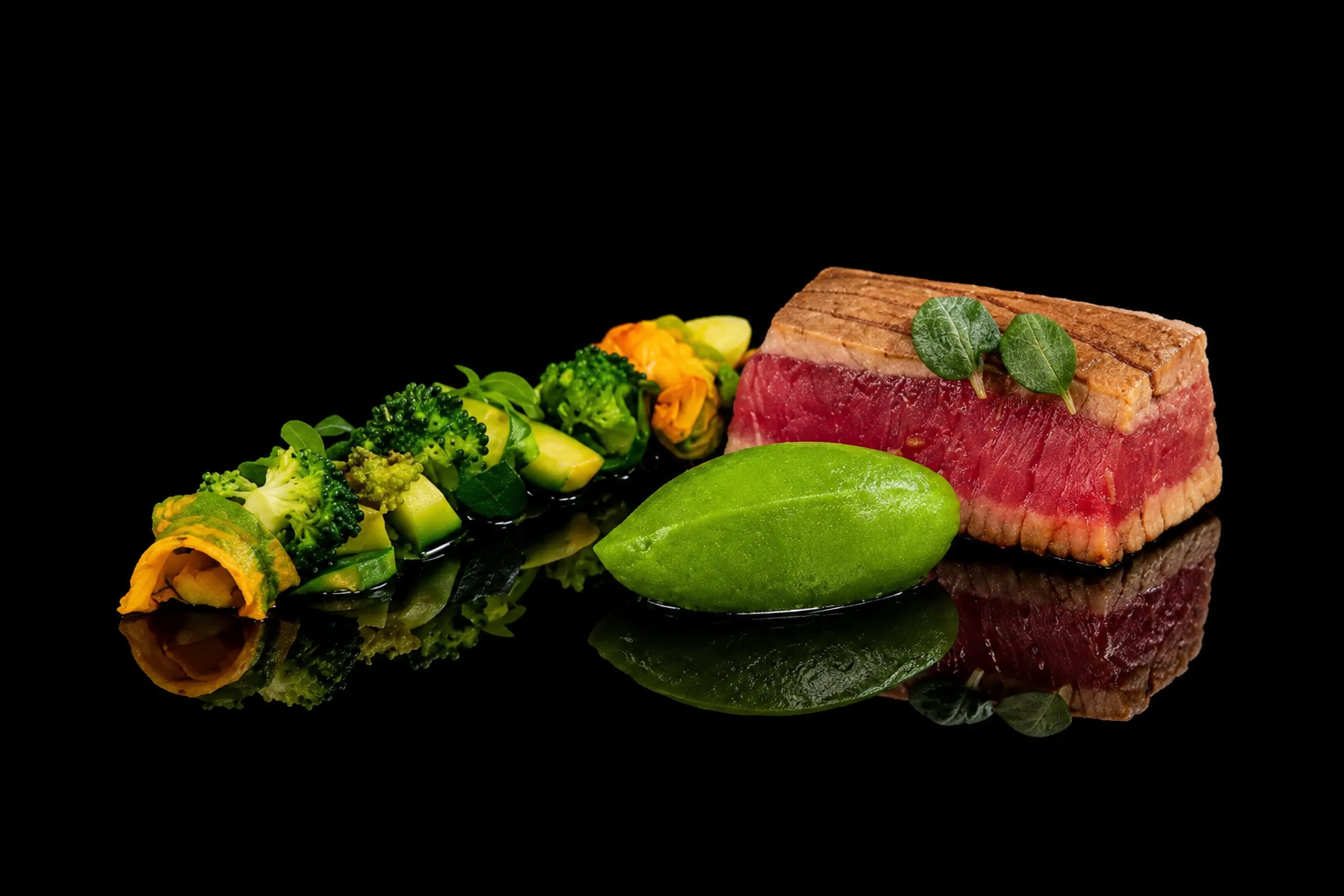 Gourmet plat avec un filet de bœuf cuit à cœur, accompagné de légumes verts comme brocolis et courgettes, avec une purée d'aubergine, présenté sur un fond noir.