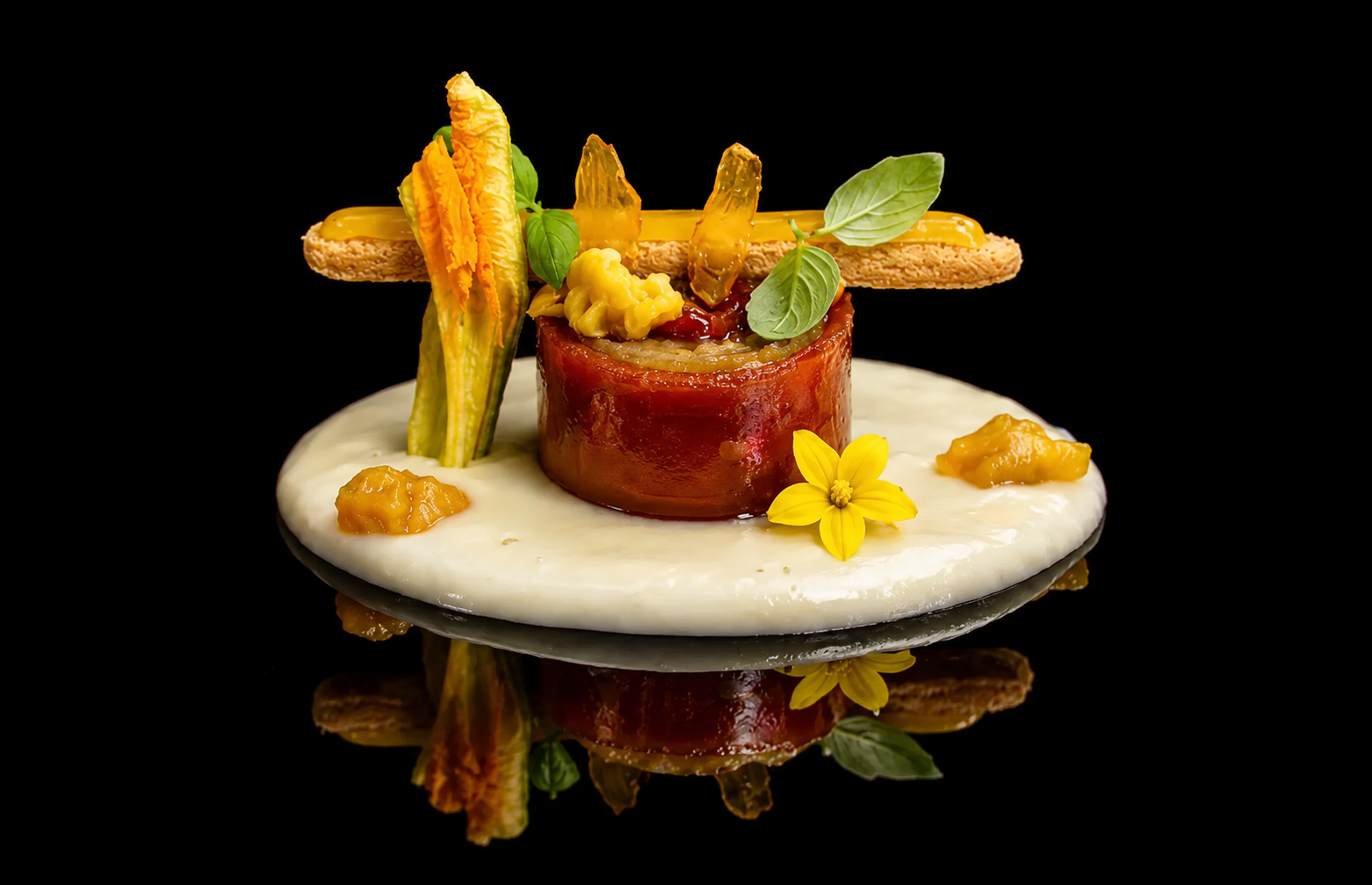 Plats sophistiqué avec un cylindre de viande, décoré de légumes, herbes, une fleur jaune, sur une assiette blanche, fond noir.