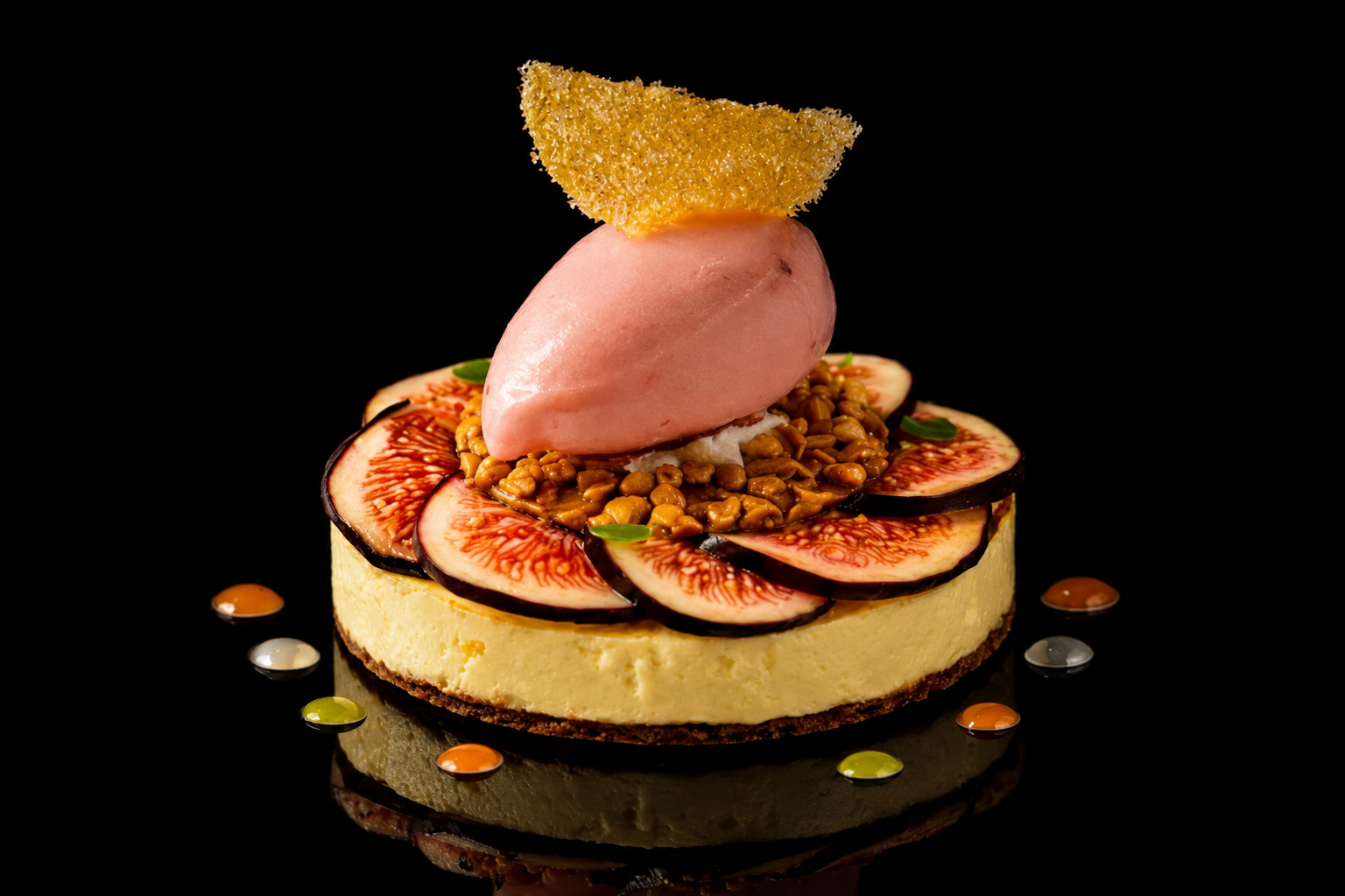 Gâteau décoré de figues, de lentilles, de sorbet à la fraise, et d'une feuille de citron confit, présenté sur un fond noir.