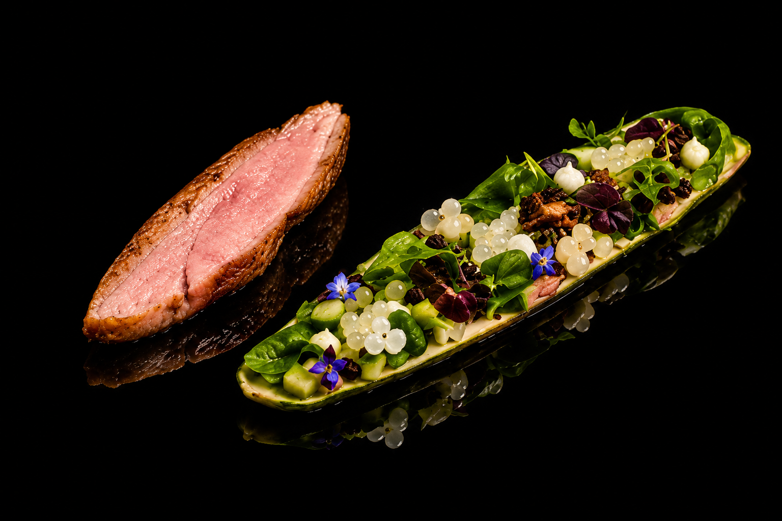 Gastronomie, assiette de viande cuite à point avec une garniture de légumes et fleurs comestibles, sur une surface noire.