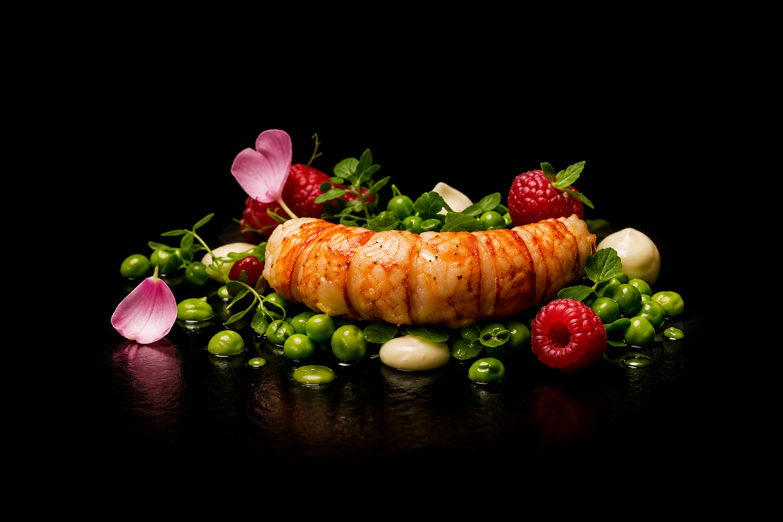 Garniture de homard avec des framboises, des groseilles, de la menthe, et des fleurs décoratives sur fond noir.