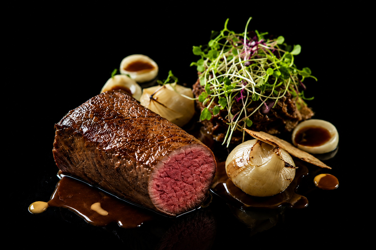 Filet de bœuf avec une sauce, accompagné de légumes, graines germées, oignons confits, et champignons, présenté sur une surface noire