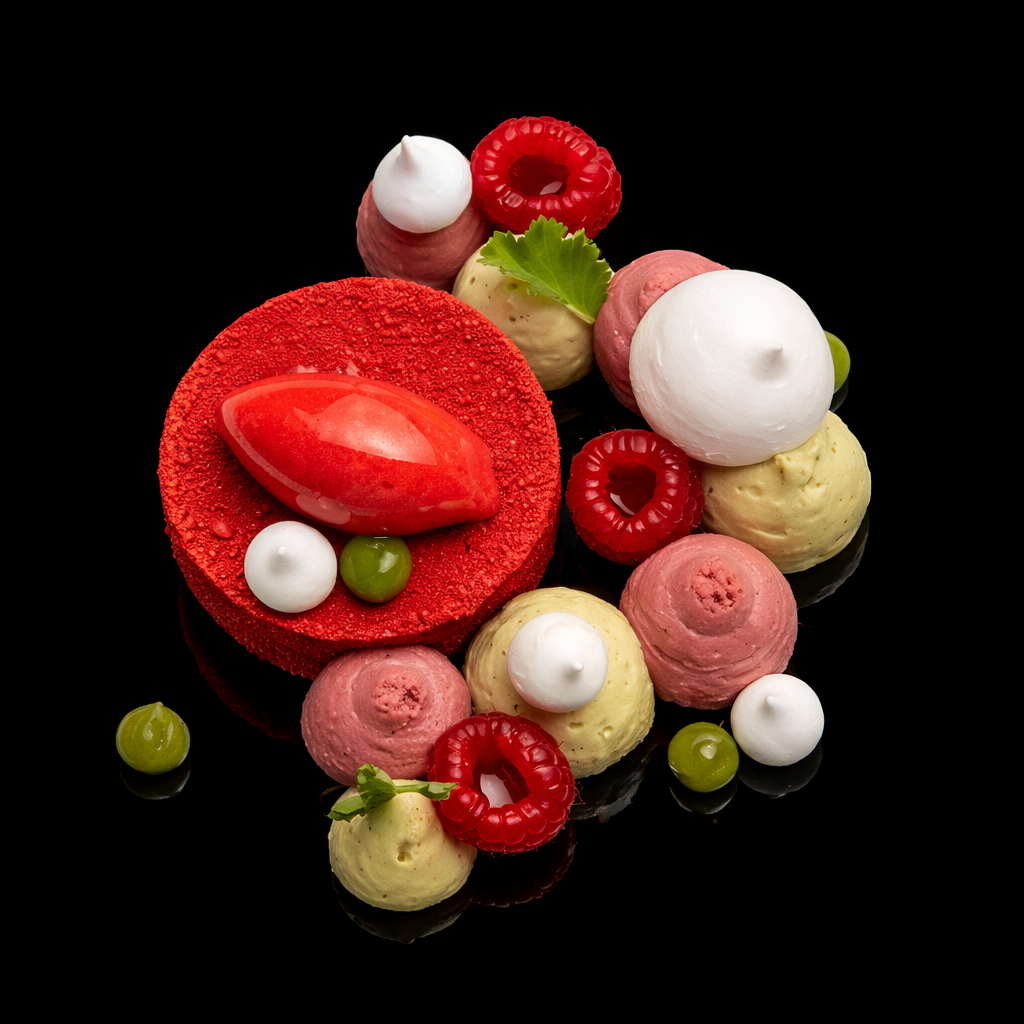 Différents types de desserts en forme de petites boules, avec un gâteau rouge en forme de rond, décorés de framboises, groseilles, feuilles de menthe et de petites billes blanches et vertes, sur un fond noir.