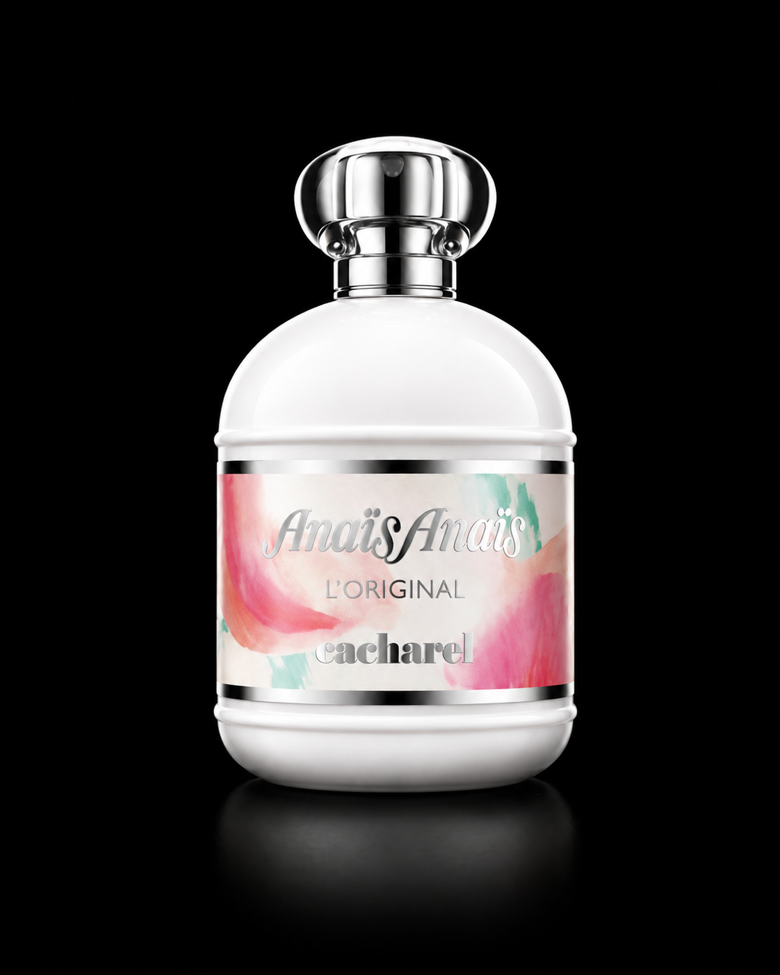 Bouteille de parfum blanche avec un bouchon argenté, étiquette florale avec des couleurs pastel, marquée "Anaïs Anaïs L'Original Cacharel".
