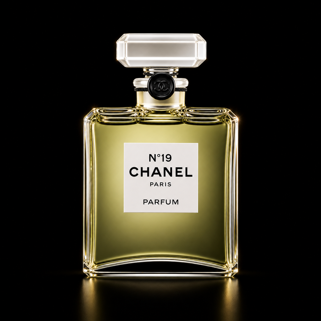Flacon de parfum Chanel No. 19 avec un design rectangulaire en verre, contenant un liquide jaune pâle, sur un fond noir.
