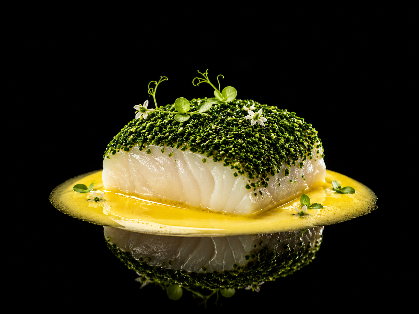 Filet de poisson blanc garni de pousses vertes et de petites fleurs, servi avec une sauce jaune, sur un fond noir.