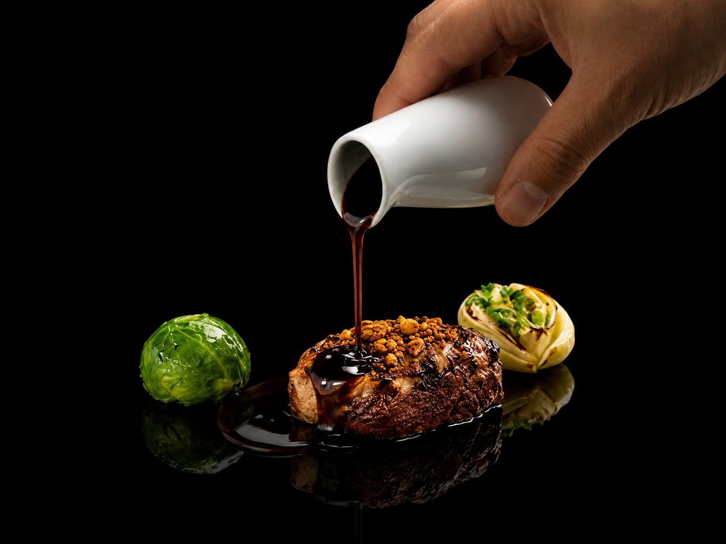 Une main verse de la sauce sur un steak dans un cadre noir avec deux légumes décoratifs, un vert et un blanc garnis de ciboulette.