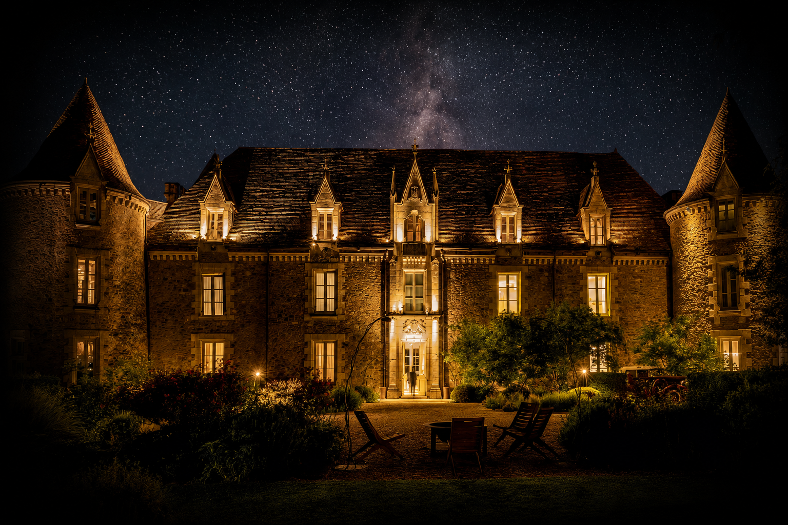 Château ancien éclairé de nuit avec le ciel étoilé en arrière-plan.